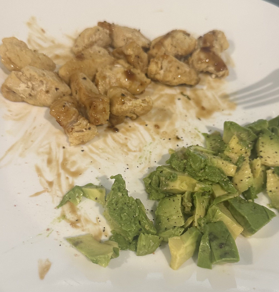 A plate with chicken and avacado