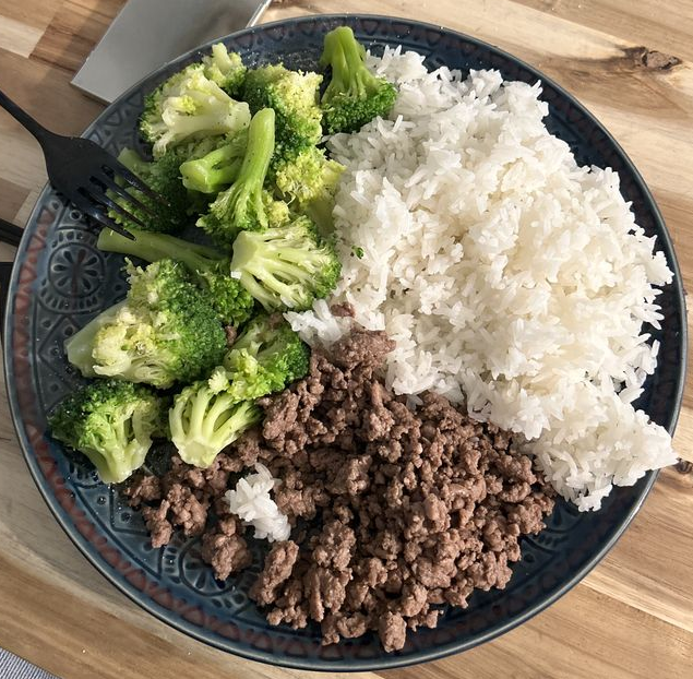 Bowl of Beef, Rice and Broccoli