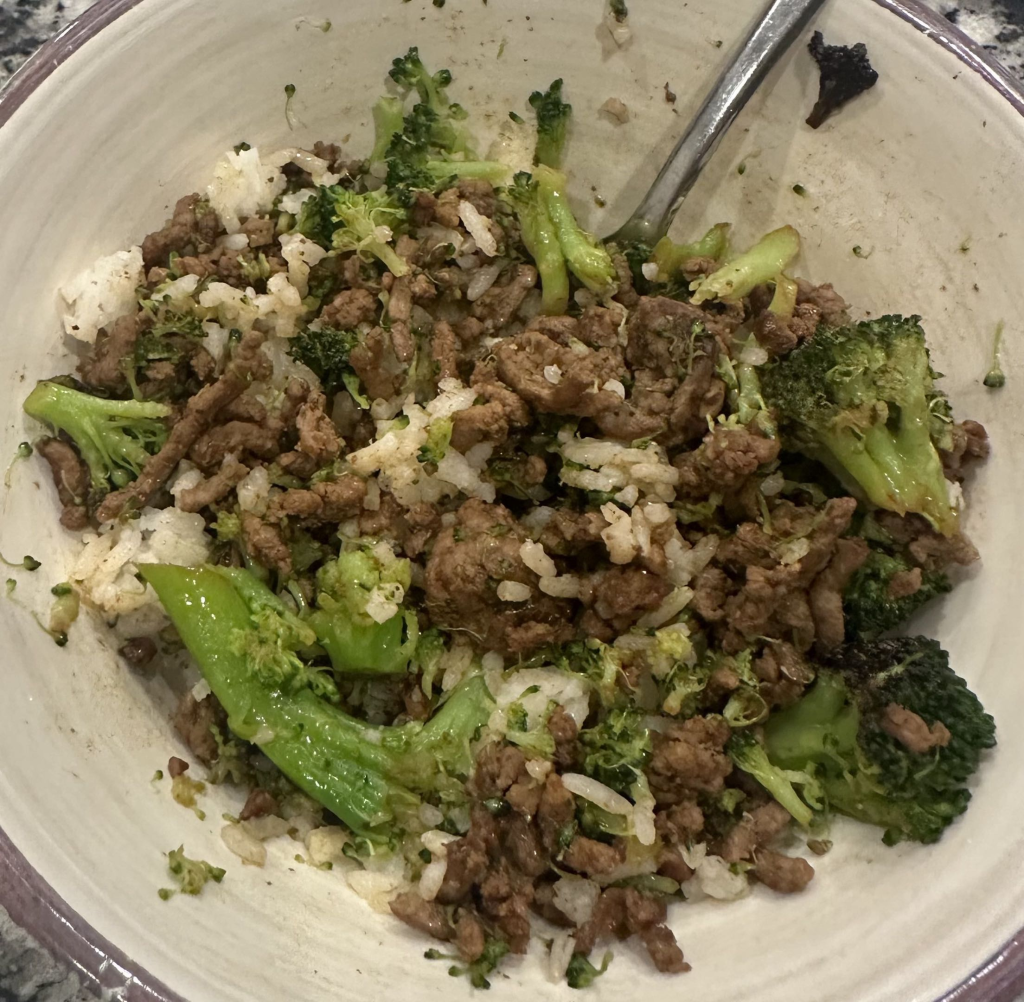 Bowl of Beef, Rice and Broccoli